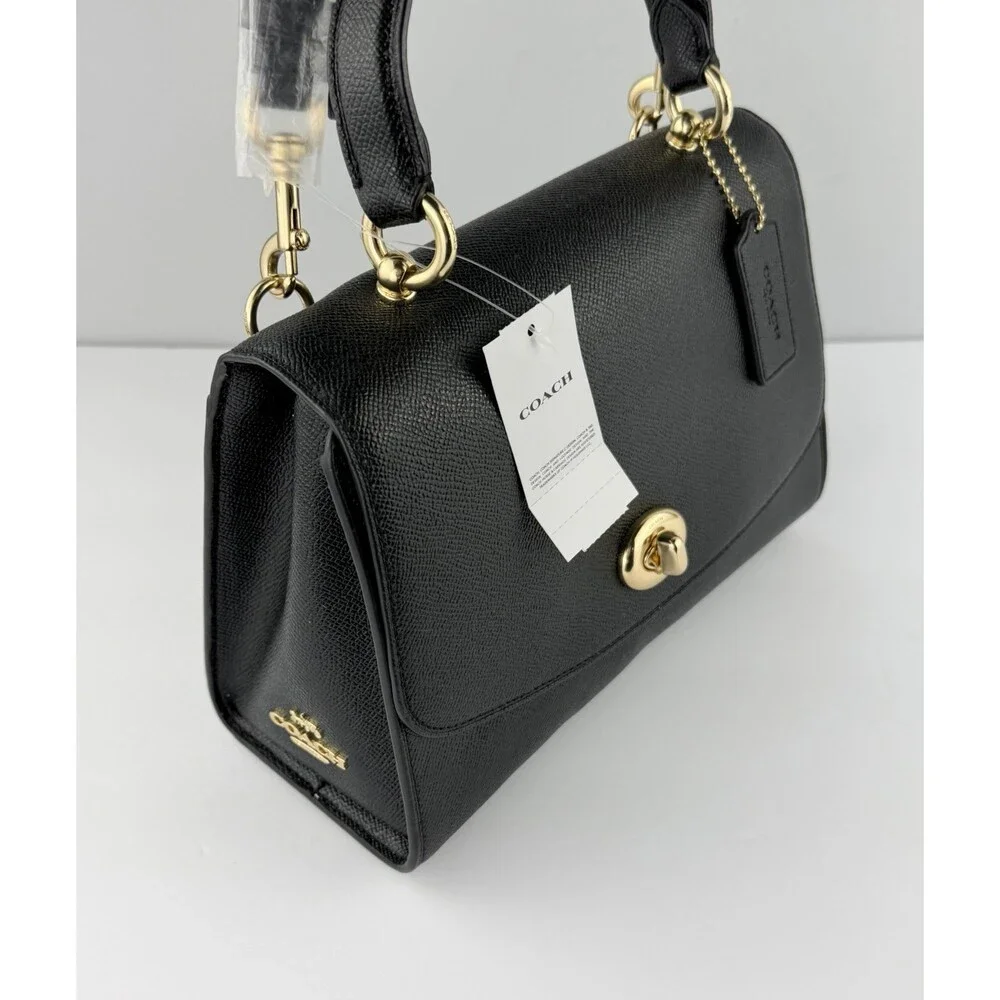 COACH Tilly Crossbody Top Handle Twist Lock Black Gold Leather Bag F76618 - $398